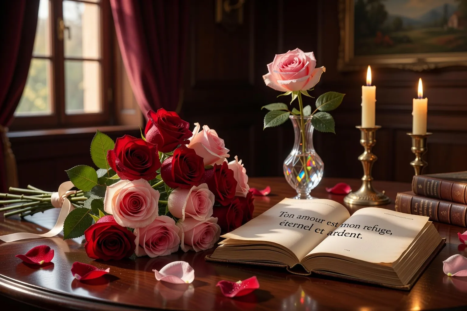 Bouquet de roses et livre de poèmes ouvert sur "Je t'aime", lumière romantique