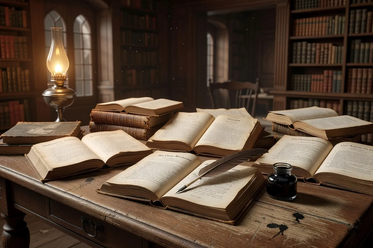 Table couverte de livres de Lamartine, Musset, Hugo, Verlaine, Rimbaud entrouverts