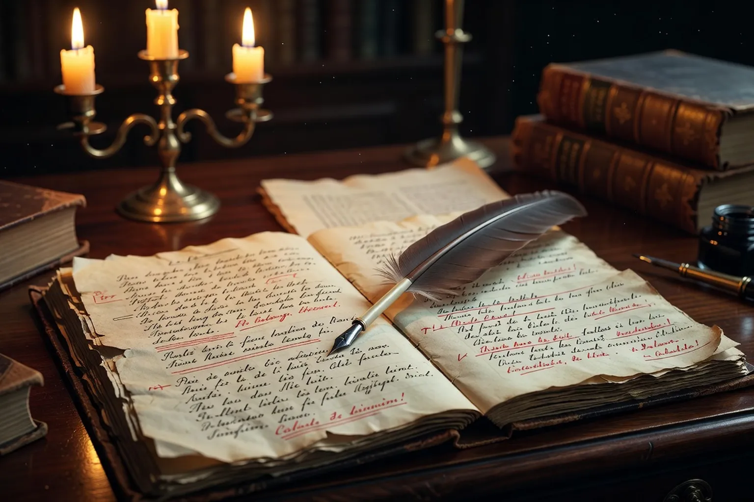 Plume d'époque posée sur un manuscrit avec des corrections, ambiance XIXe siècle