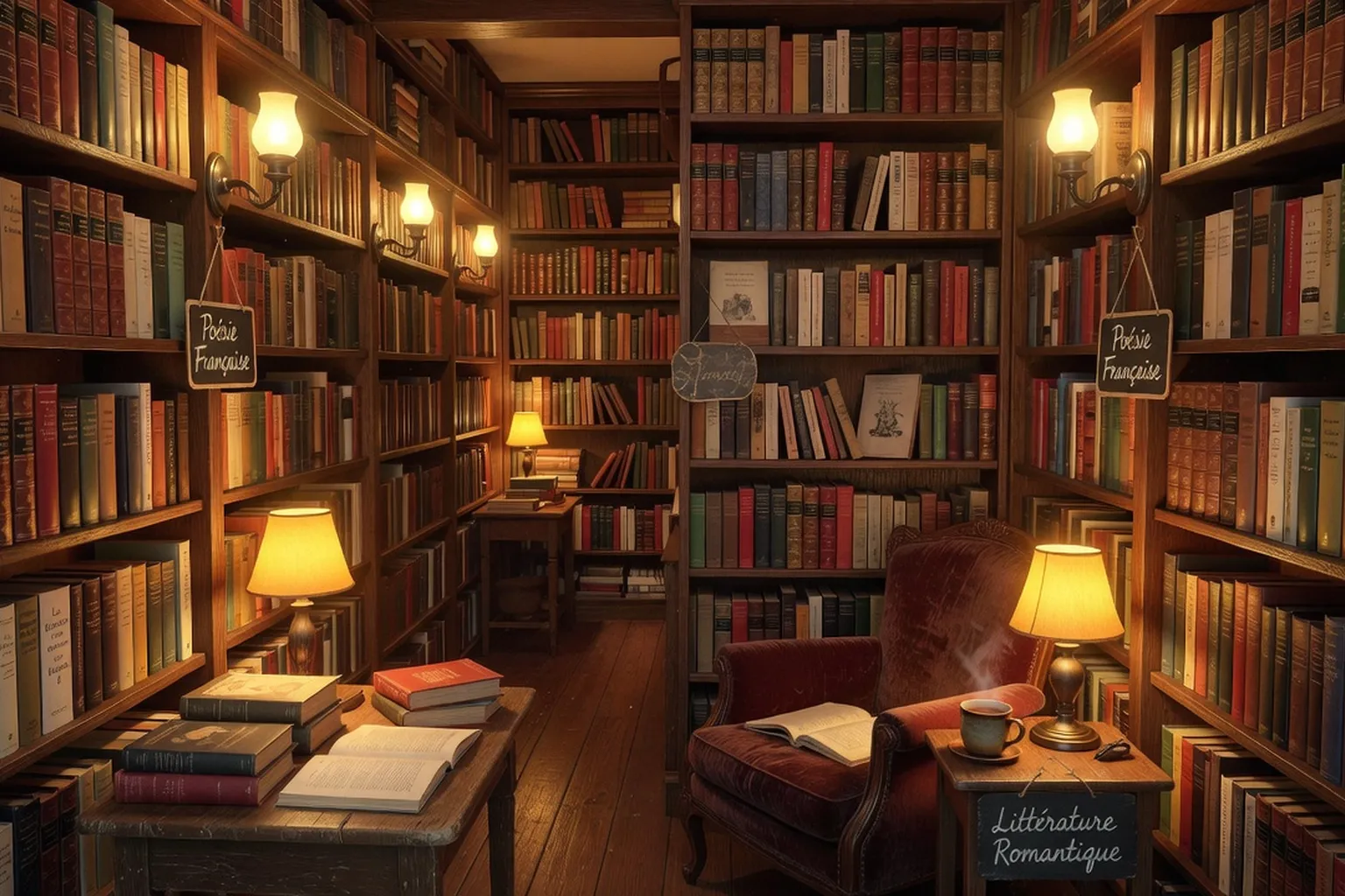 Rayons de librairie avec livres de poésie romantique, lumière chaude