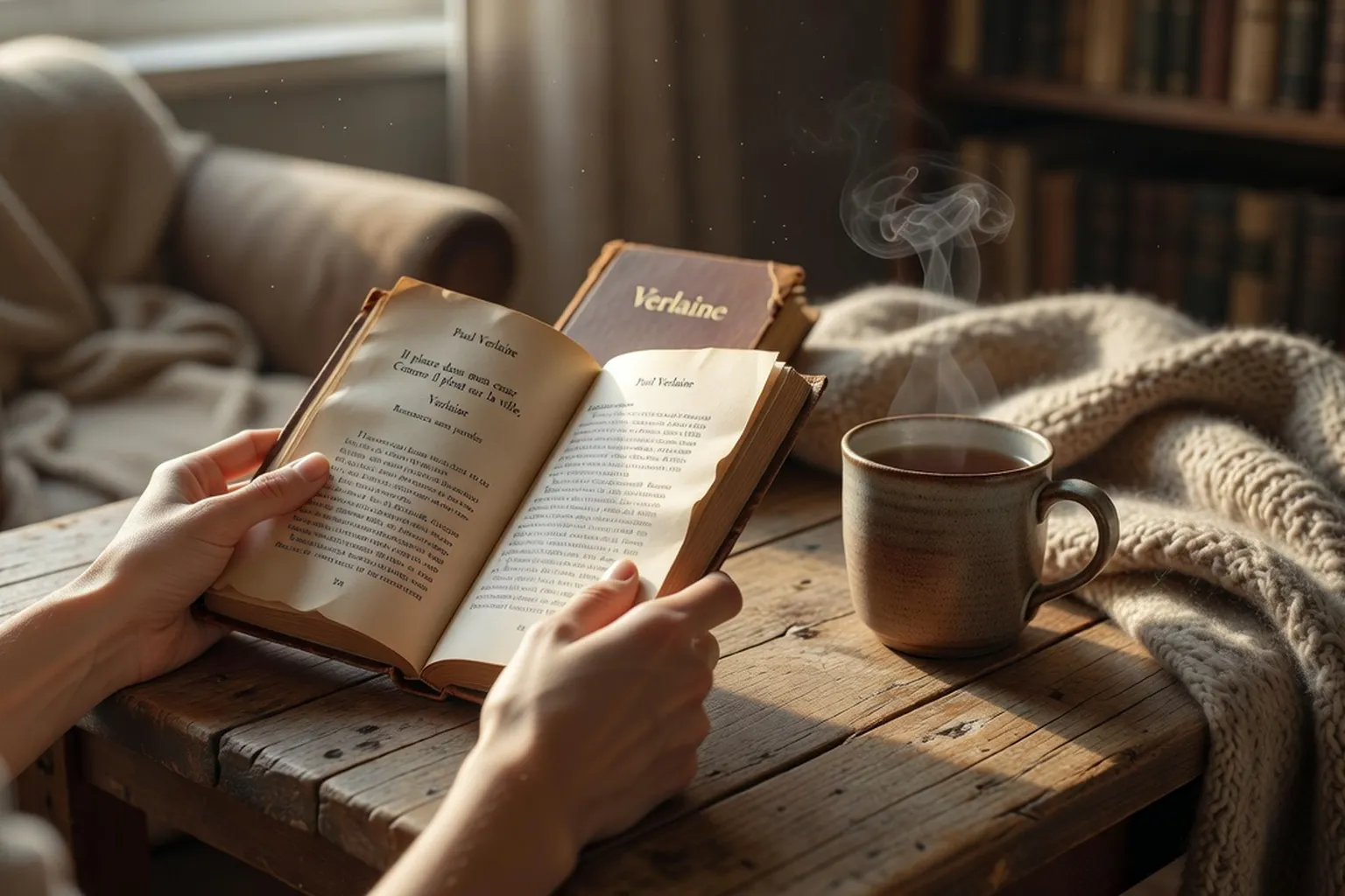 Mains tenant un livre de Verlaine ouvert, thé fumant sur la table
