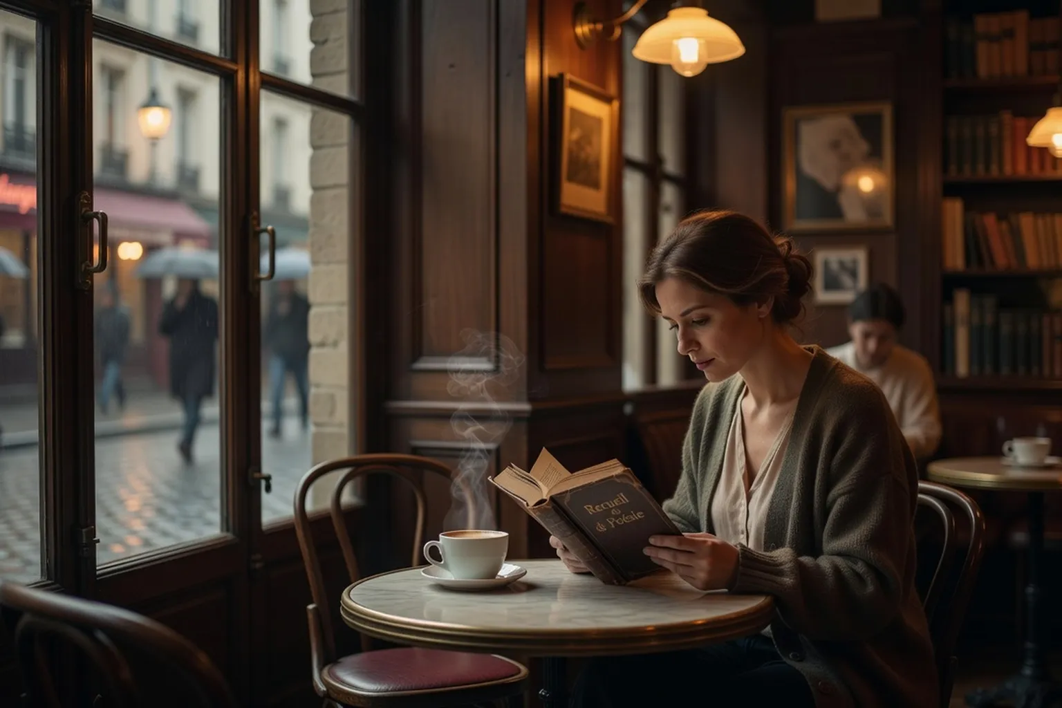 Femme lisant un recueil de poesie dans un cafe parisien, lumiere tamisee