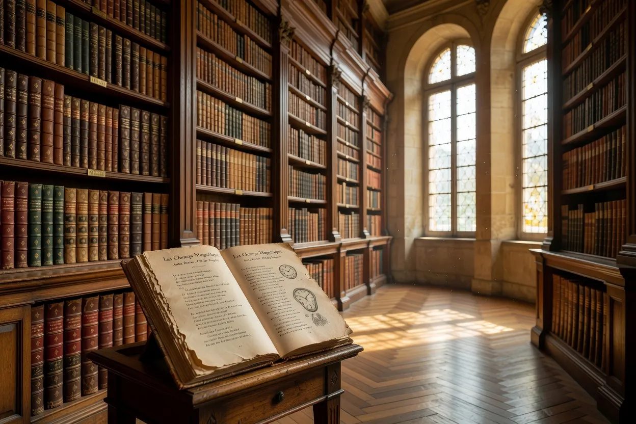 Livre ancien ouvert avec poème manuscrit, ambiance littéraire feutrée