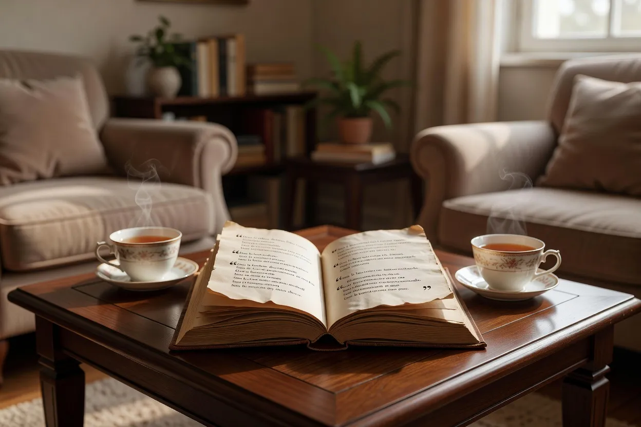 Carnet et stylo posés sur une table basse, ambiance cabinet de thérapie chaleureux