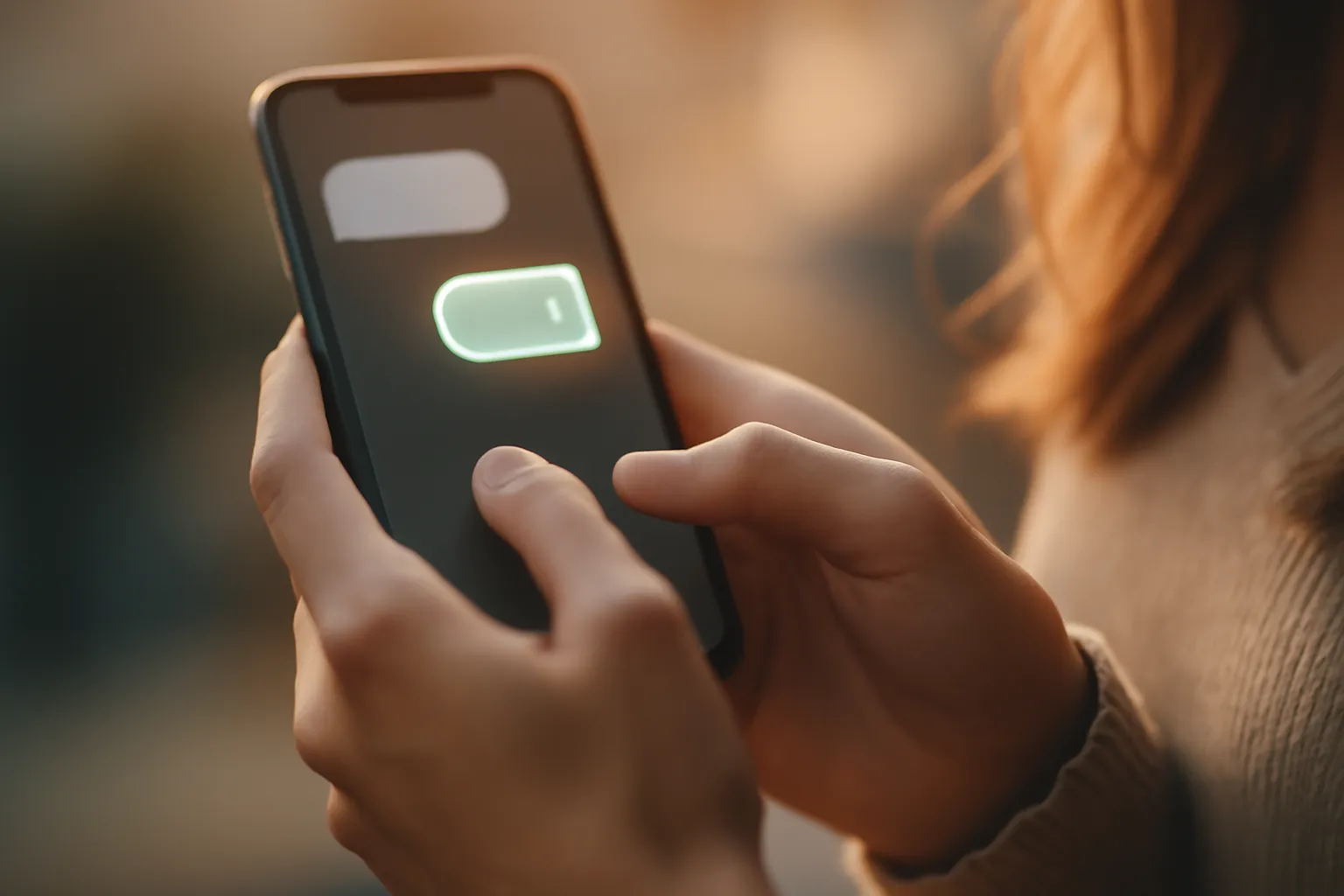 Mains tenant un téléphone en train d'écrire un message, lumière douce