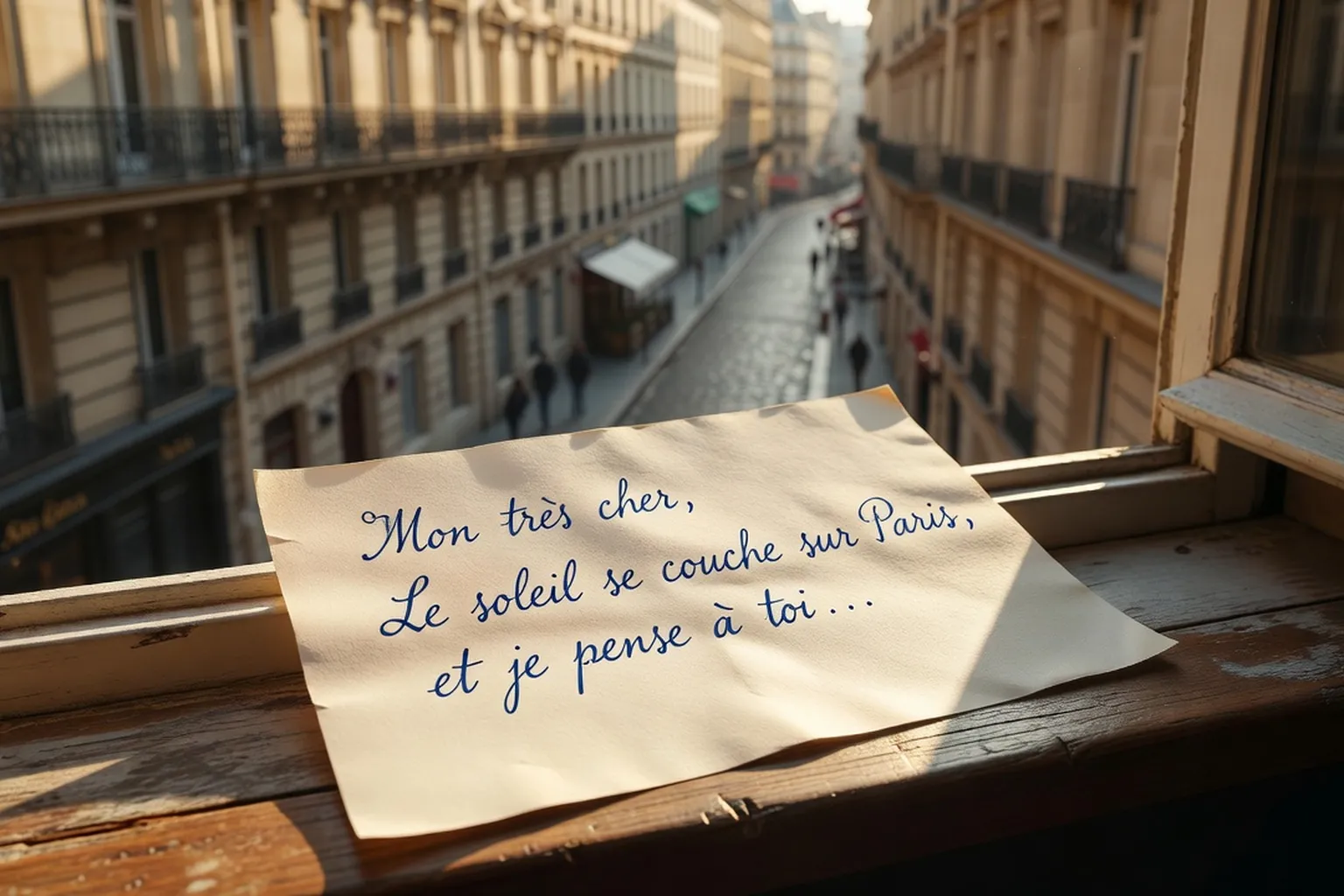 Lettre d'amour pliée sur une table près d'une fenêtre pluvieuse, ambiance mélancolique et douce