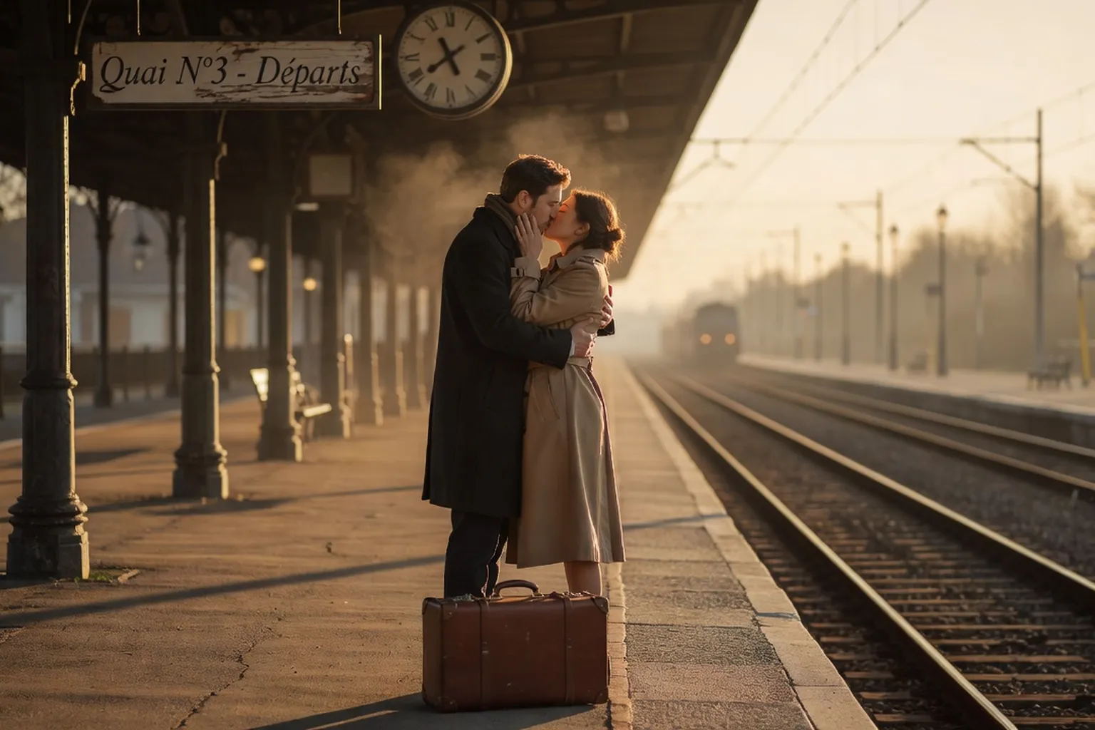 Couple s'embrassant sur un quai de gare, lumiere de fin de journee