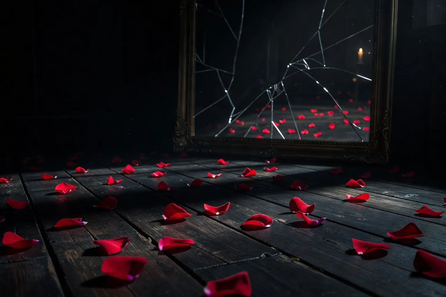 Pétales de rose éparpillés sur un plancher sombre, ambiance mélancolique
