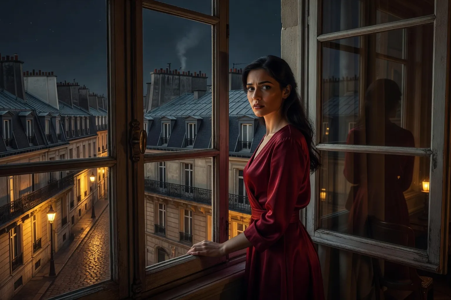 Couple dans la pénombre d'une ruelle pavée, passion et tension amoureuse au crépuscule de la nuit