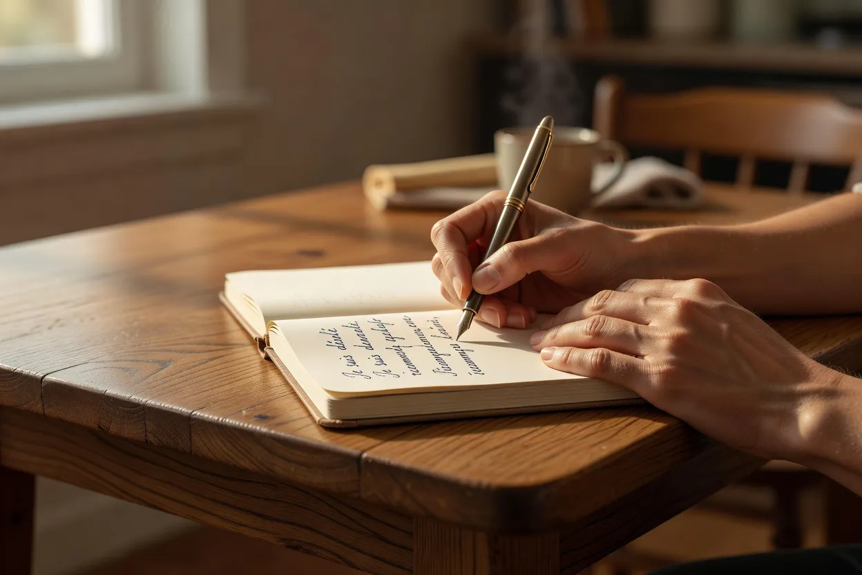 Main tenant une lettre manuscrite pliée, ambiance intime et douce