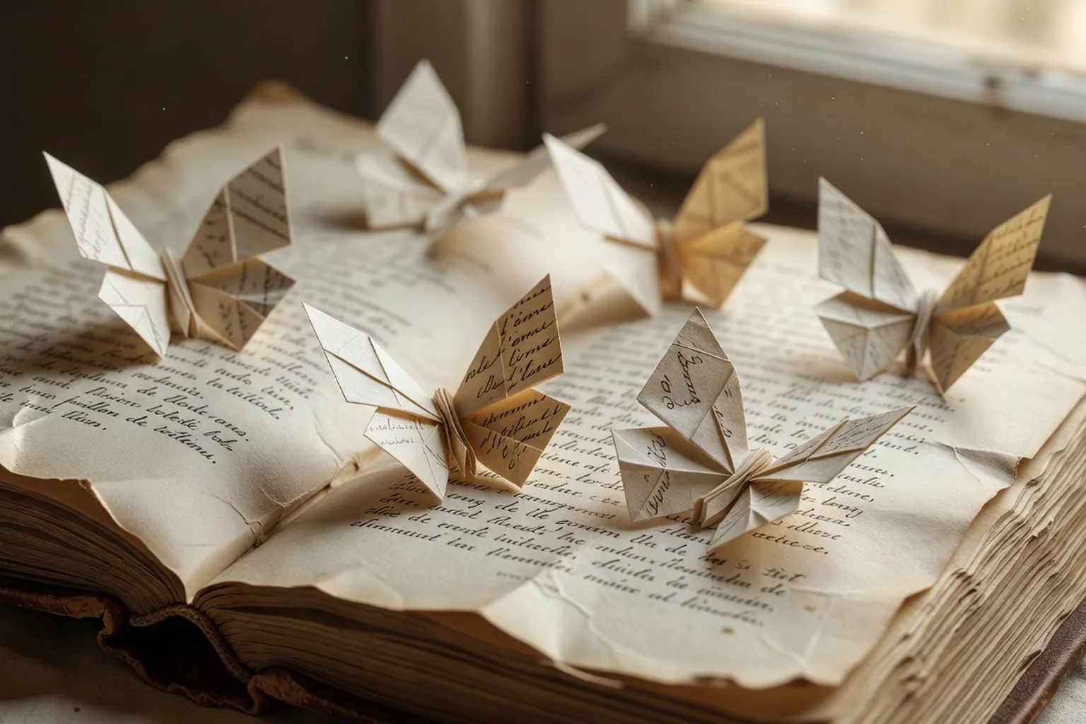 Papillons d'origami pliés dans des pages de poèmes, ambiance poétique délicate