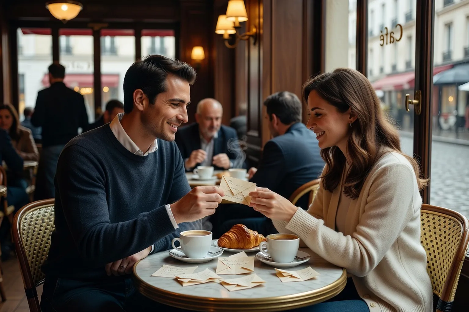 Couple échangeant des billets doux dans un café, sourires complices