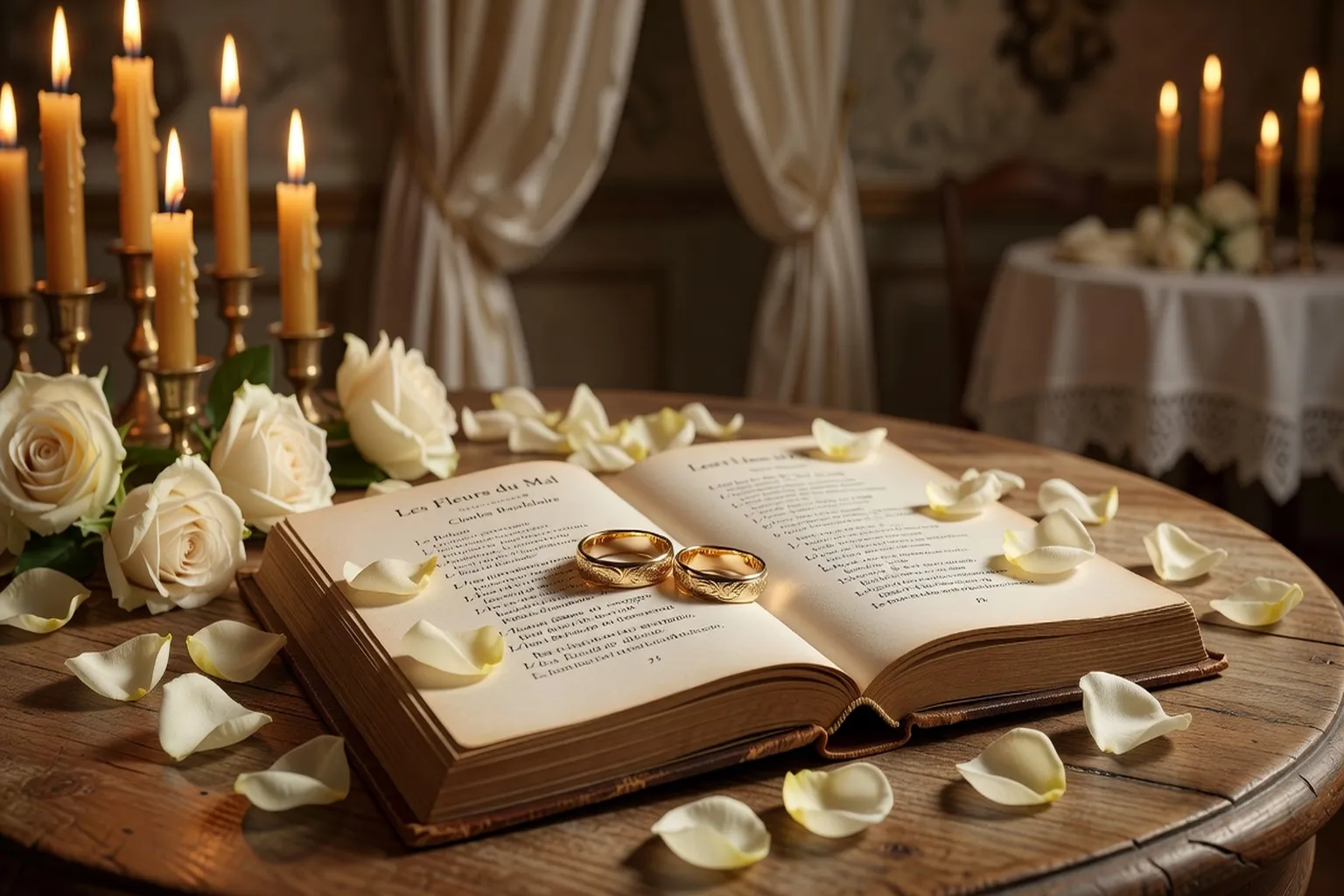 Alliances et bouquet de roses blanches posés sur des feuilles de poèmes manuscrits