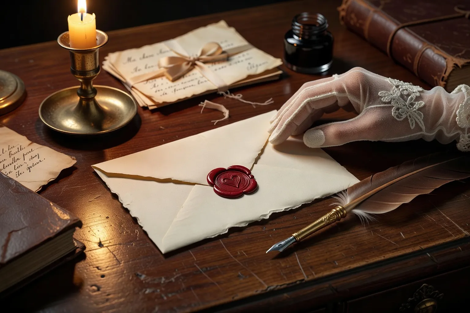 Main posant une lettre cachetée à la cire rouge sur un bureau en bois ancien, plume d'oie
