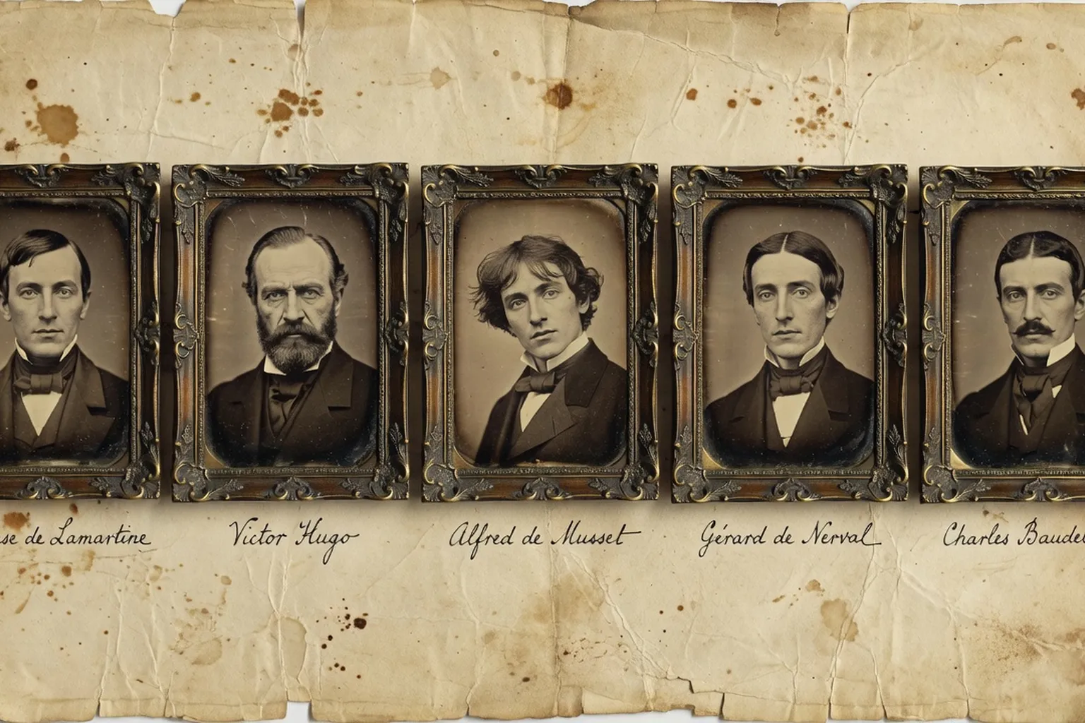 Portraits façon daguerréotype de 5 grands poètes romantiques français alignés, fond parchemin