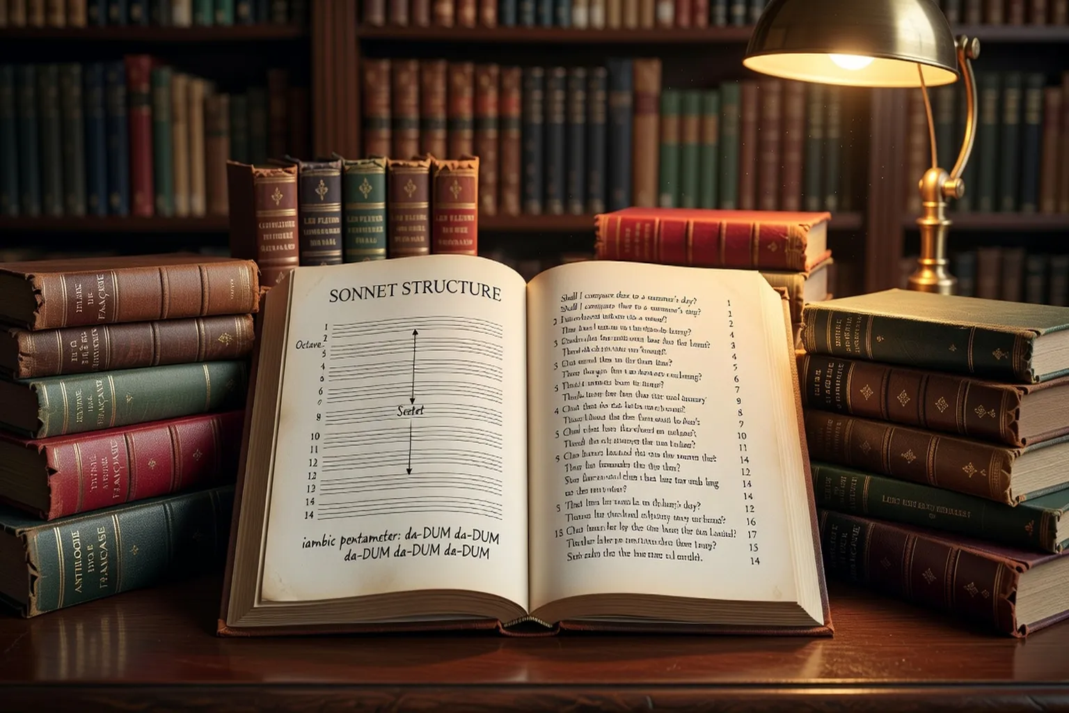 Livre de poésie ouvert sur un sonnet, collections de formes poétiques françaises, lumière académique
