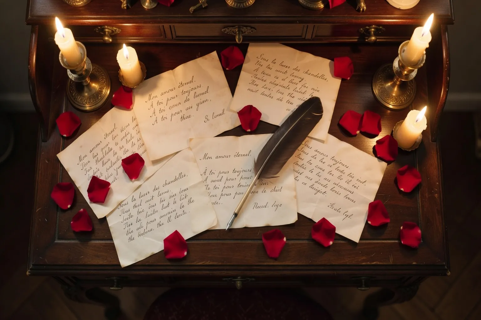 Bureau romantique avec lettres d'amour, plume et roses rouges