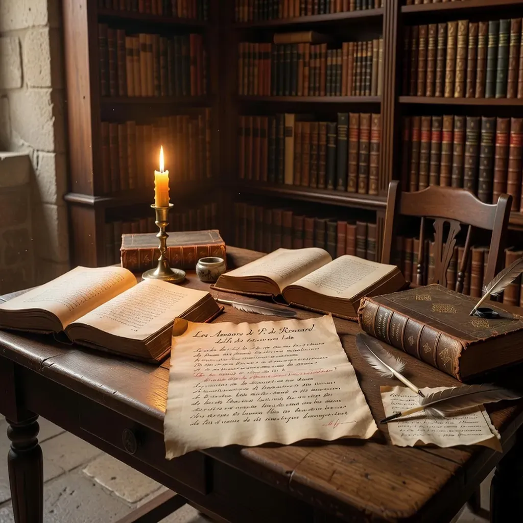 Manuscrits de poésie Renaissance, livres du XVIe siècle, lumière ambrée académique
