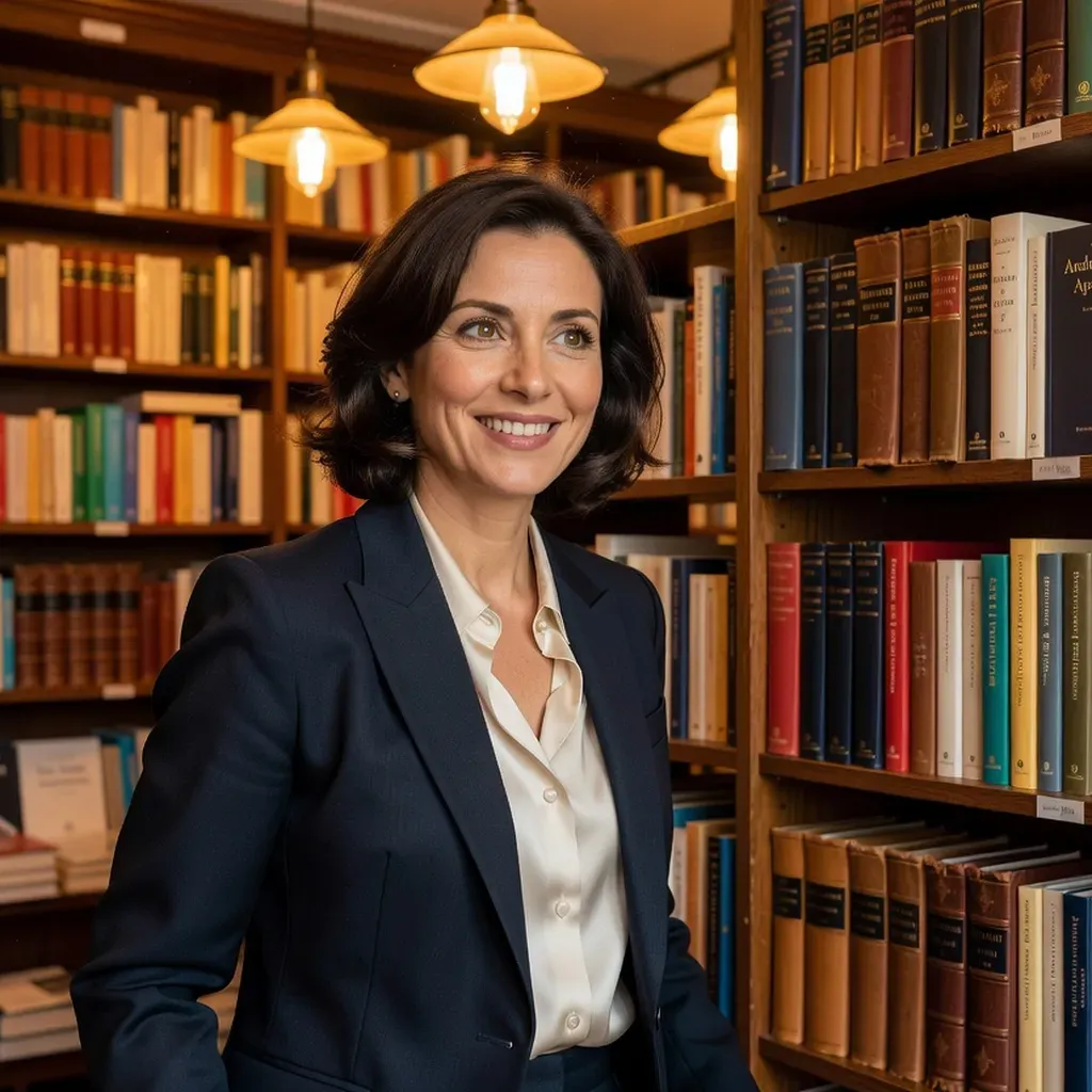 Sophie Arnaud, libraire dans sa librairie lyonnaise entourée de livres de poésie