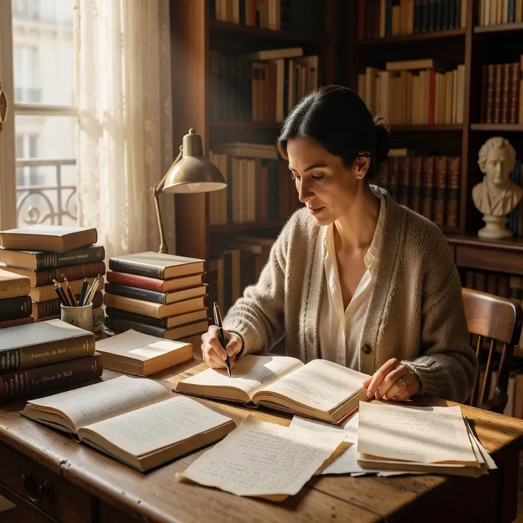 Poétesse à son bureau ensoleillé, entourée de recueils de poésie, lumière matinale