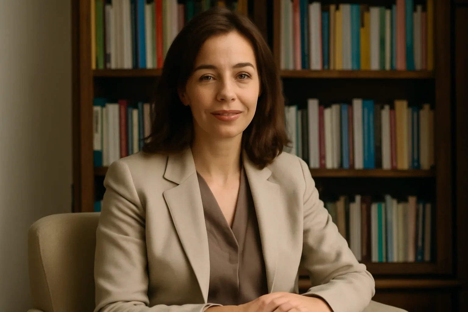 Portrait de Camille Lefebvre, thérapeute de couple, cabinet lumineux et chaleureux