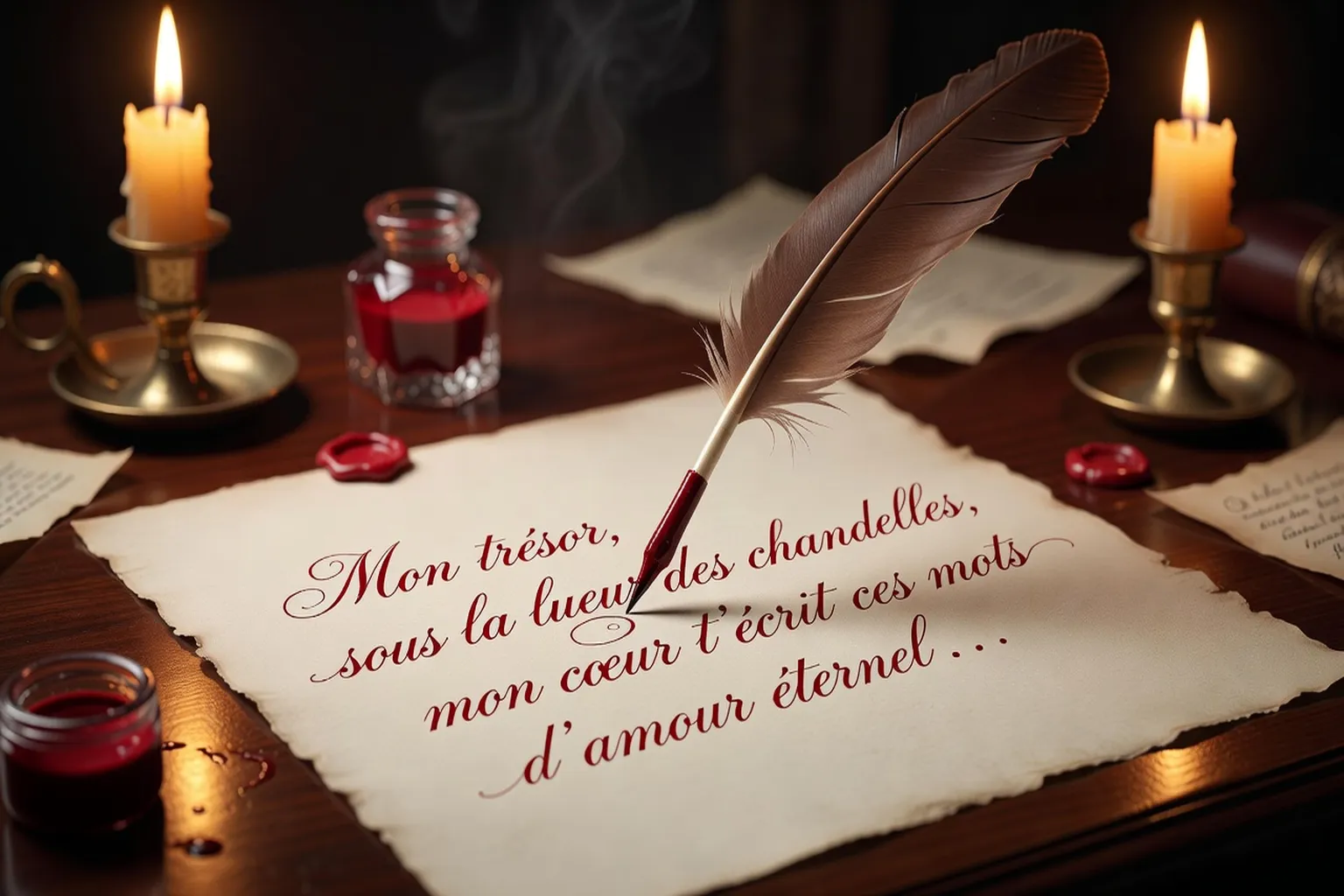 Plume calligraphique écrivant une lettre d'amour sur parchemin, encre rouge