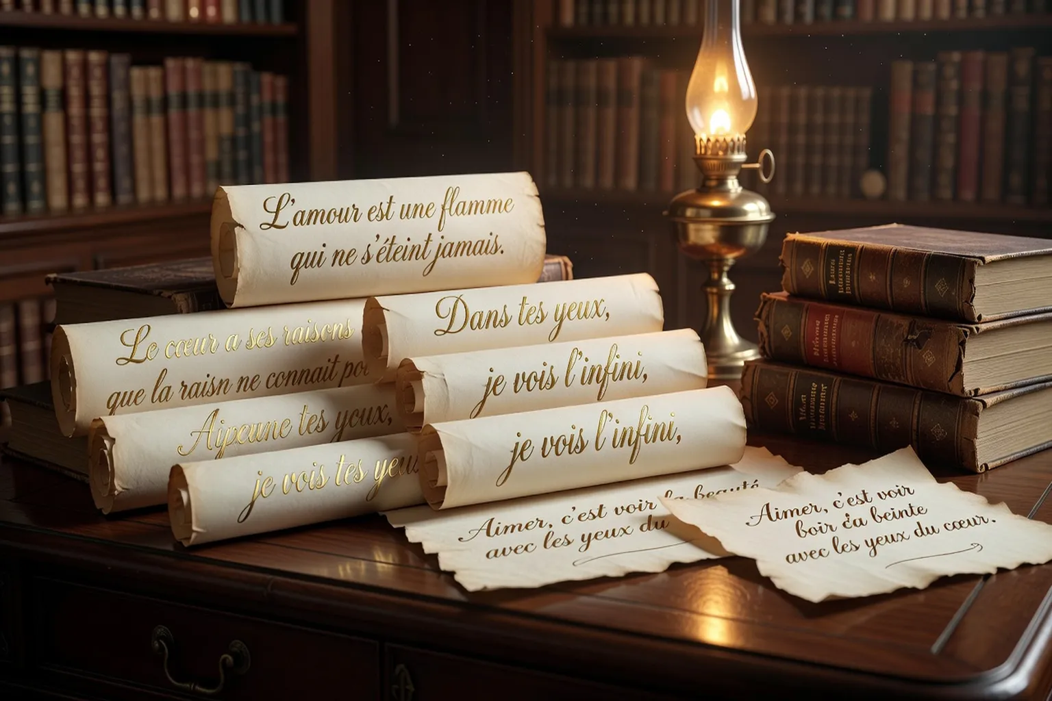 Citations de poèmes d'amour calligraphiées sur parchemin crème, encre dorée