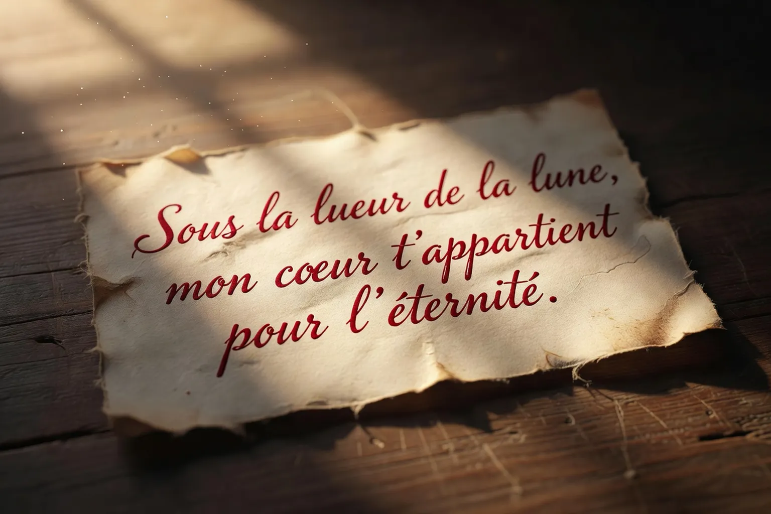 Vers d'amour manuscrits à l'encre rouge sur parchemin, lumière dorée dramatique