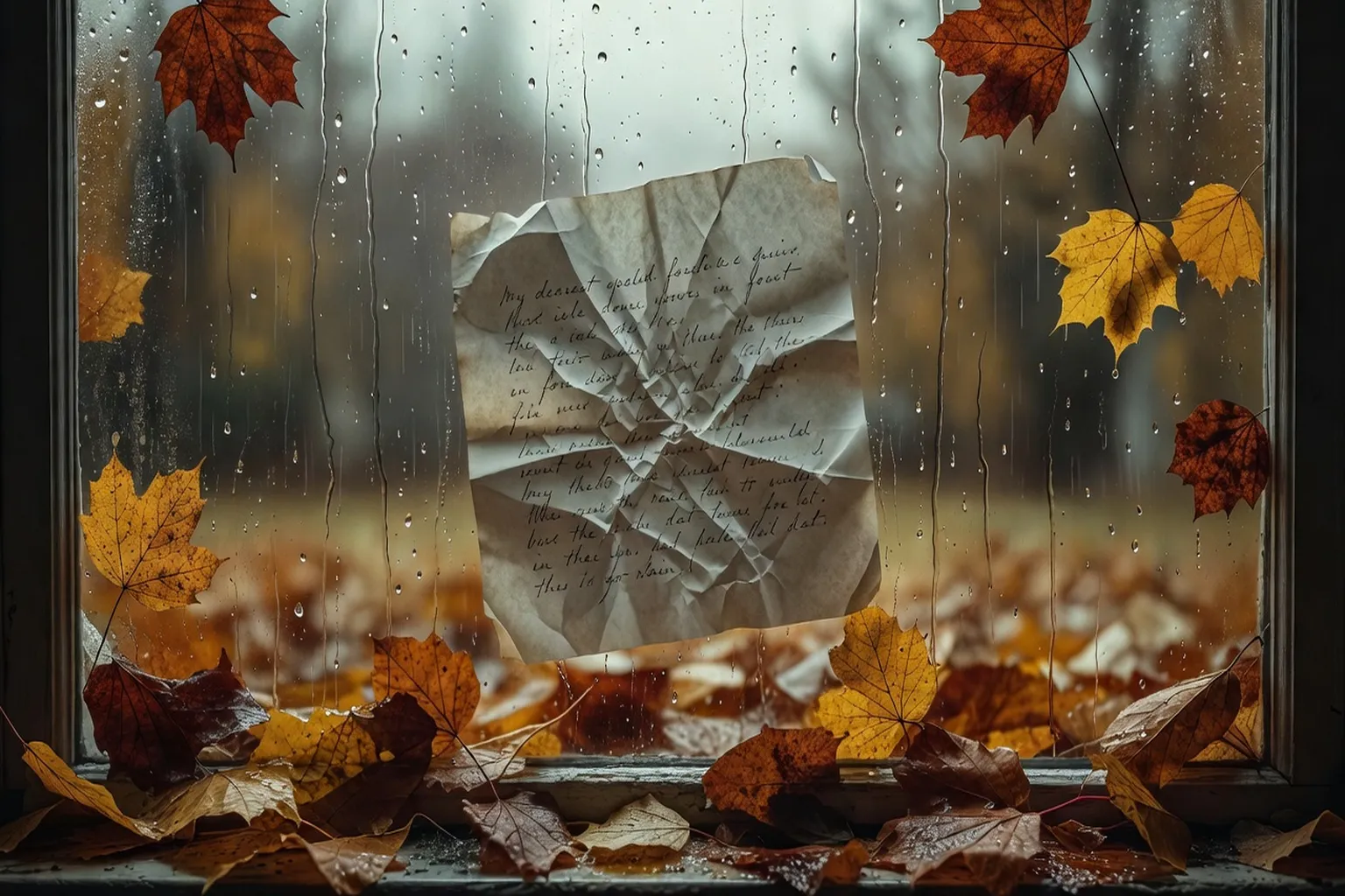 Lettre froissée sur fenêtre pluvieuse, ambiance mélancolique automne