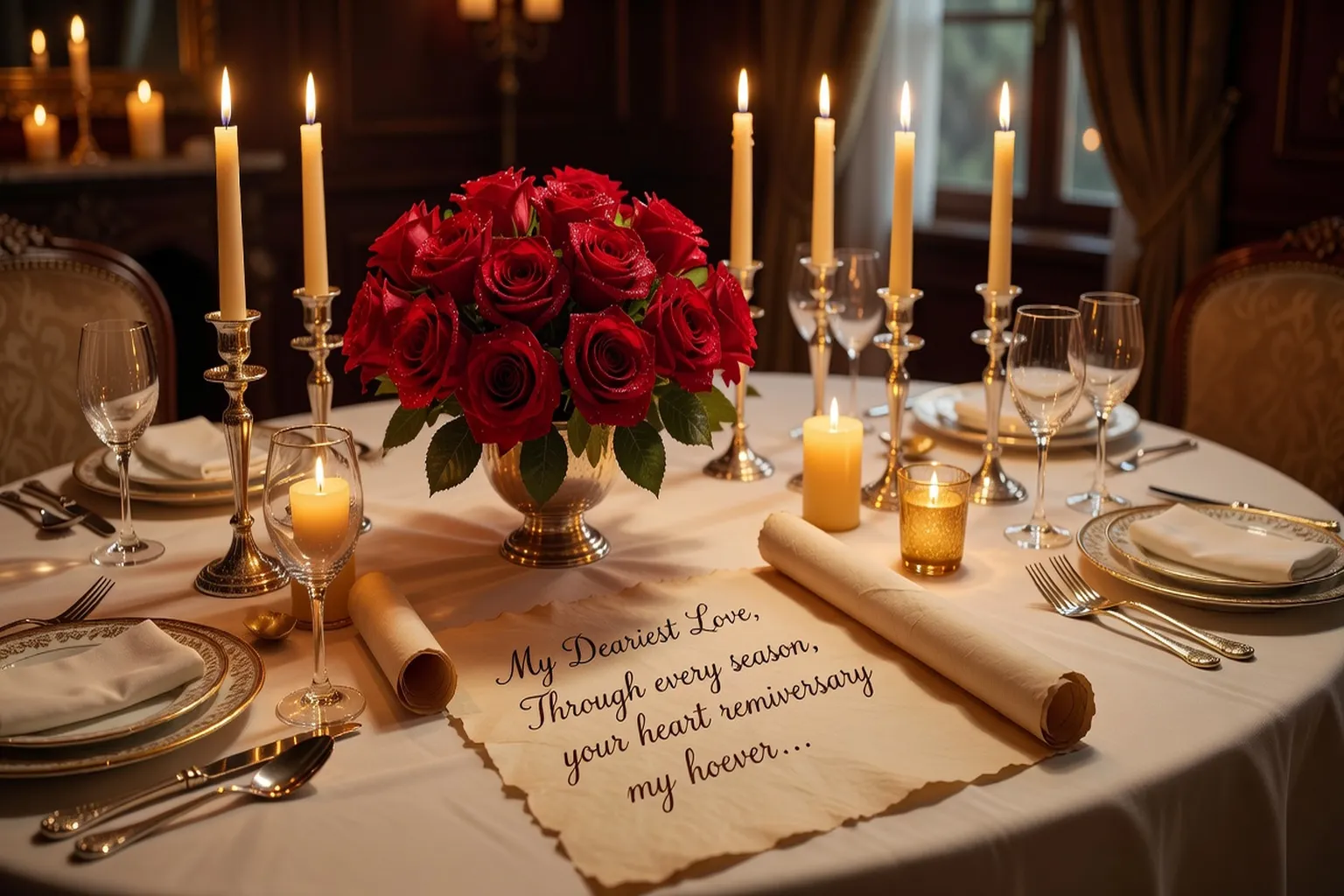 Bougies romantiques et roses sur table anniversaire, lettre poétique manuscrite
