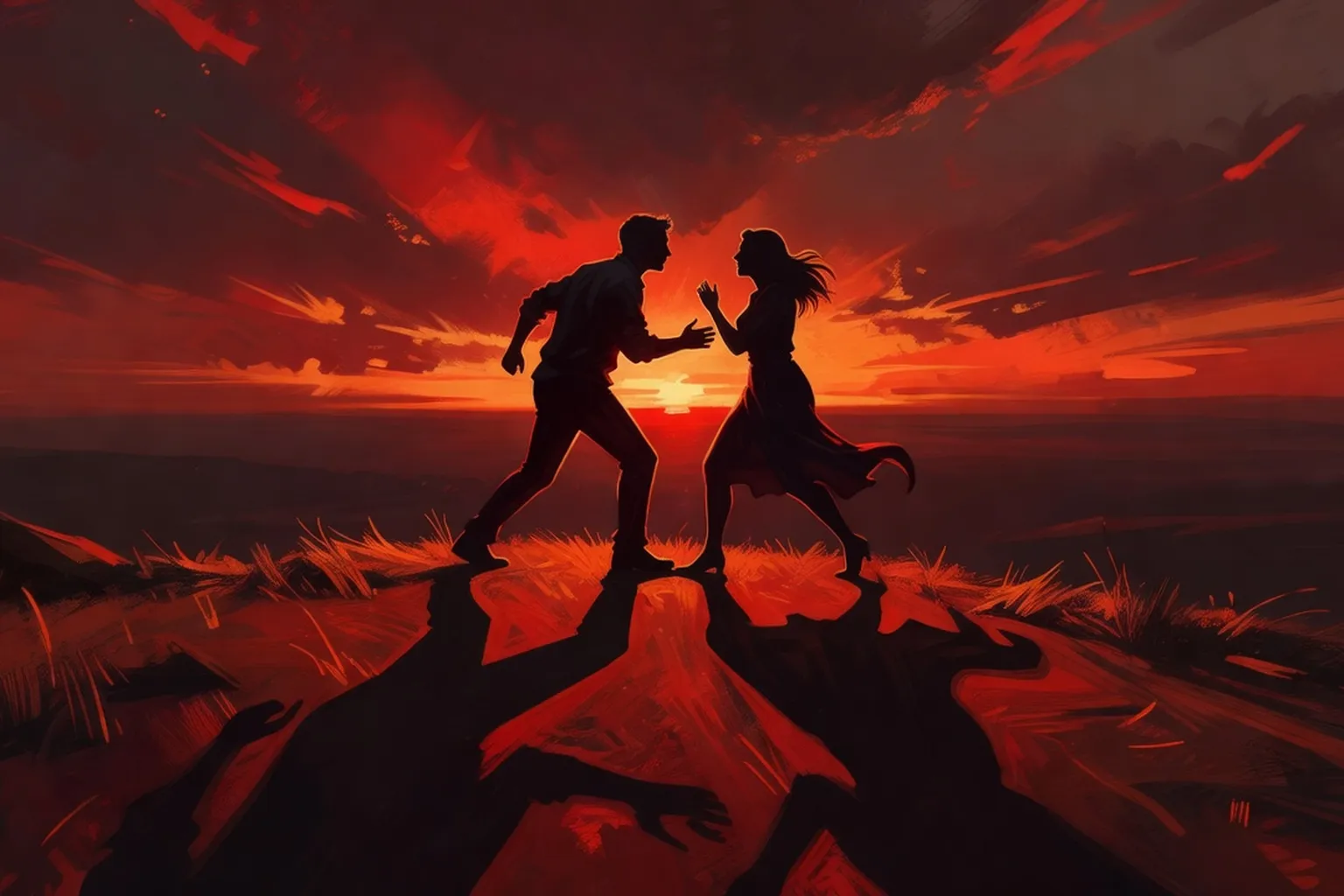 Couple dans une altercation passionnée au coucher du soleil, tension dramatique, palette rouge et bordeaux