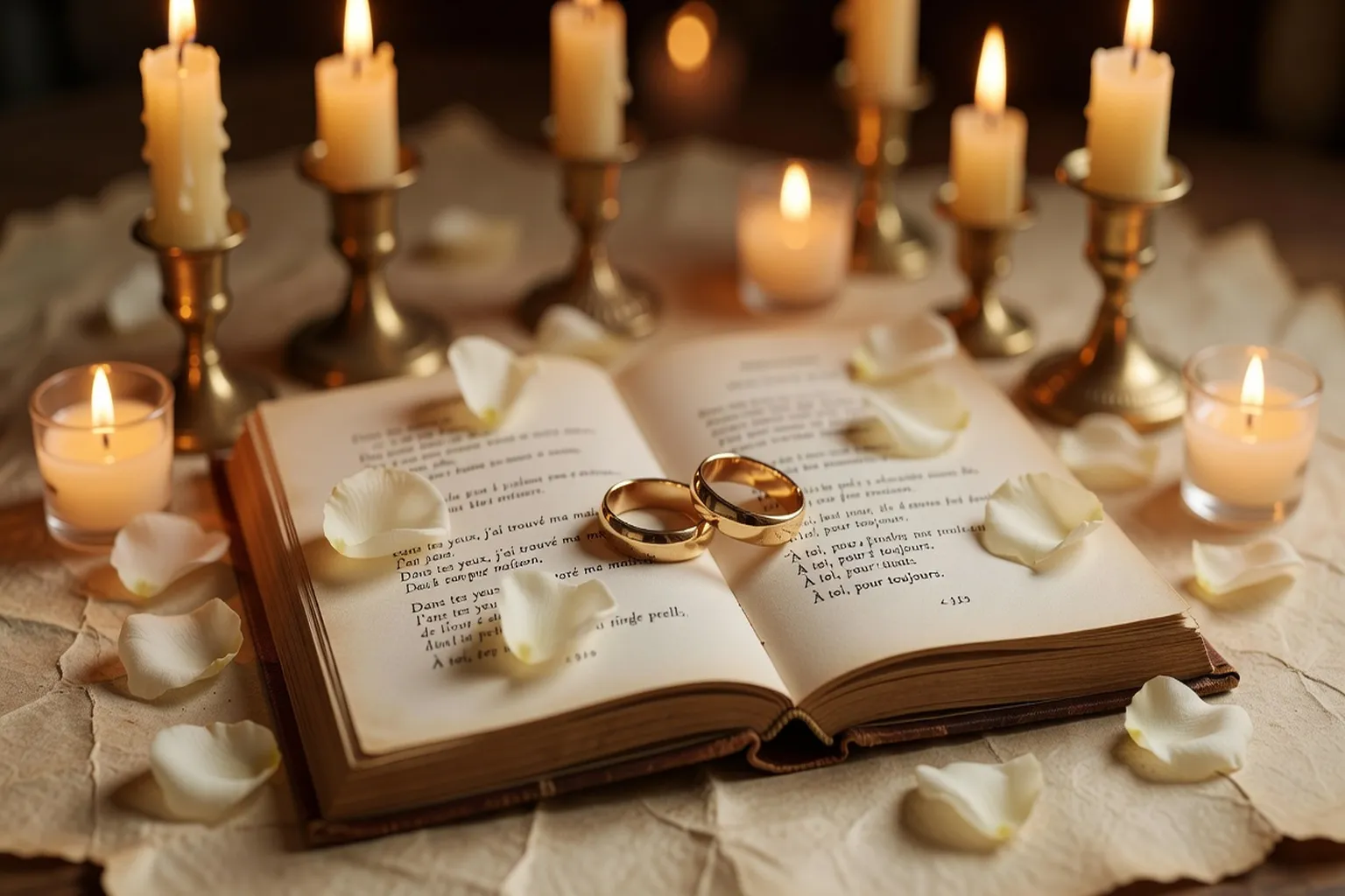 Alliance dorée posée sur un livre ouvert aux pages d'un poème romantique