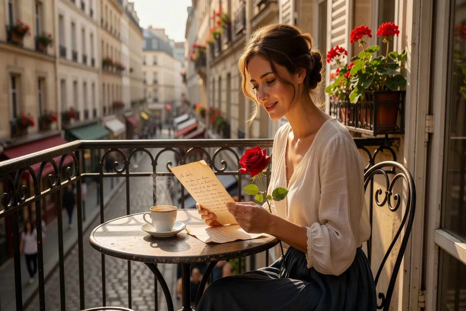 Femme lisant une lettre d'amour manuscrite, lumière chaude dorée