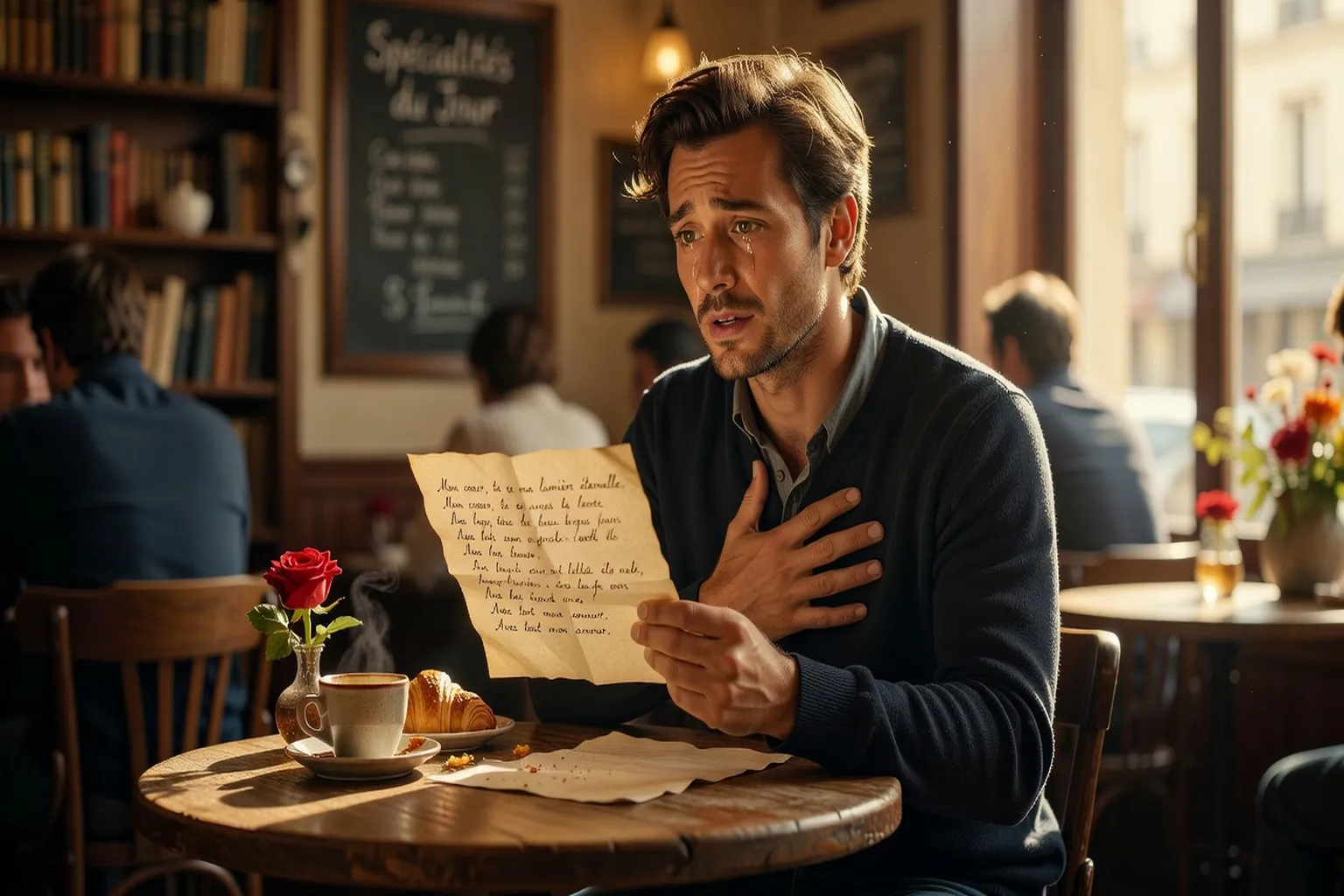 Homme recevant une lettre d'amour surprise, expression émue, lumière dorée