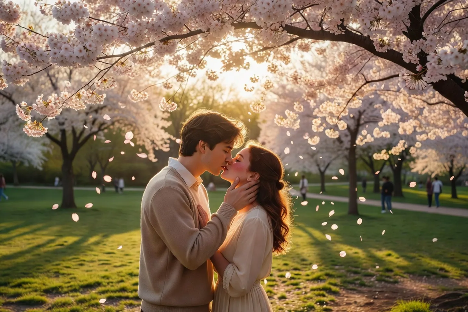 Jeunes amoureux dans un parc au printemps, premier baiser timide, lumière dorée