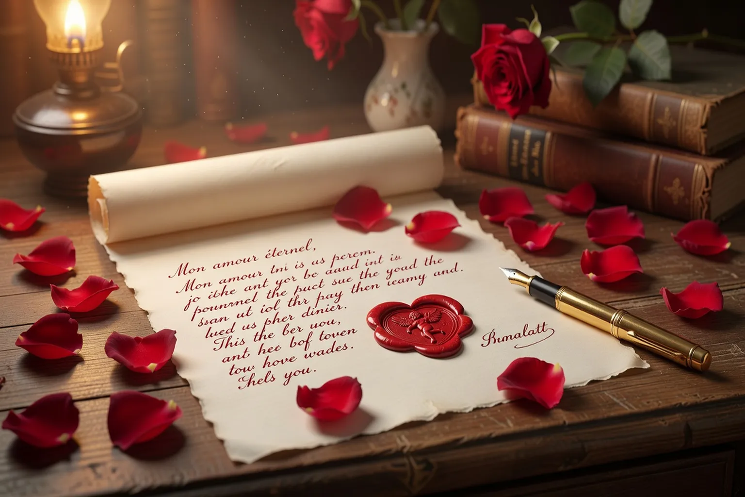 Cœurs rouges et lettre manuscrite sur fond parchemin crème pour la Saint-Valentin