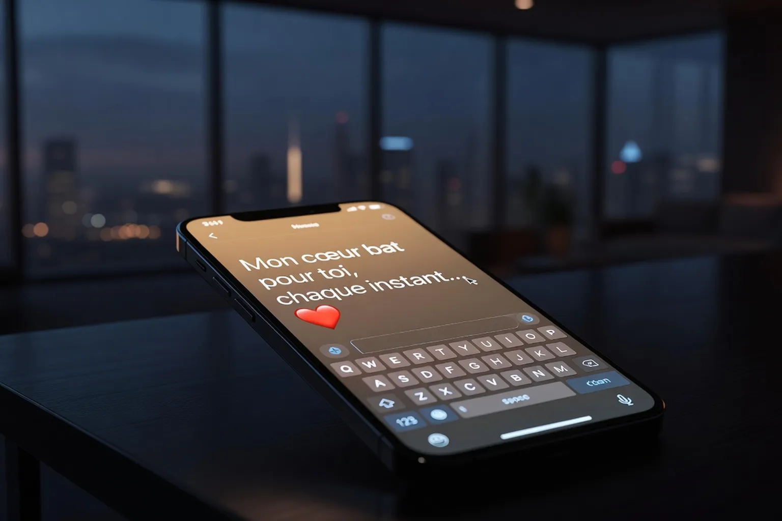 Smartphone avec message romantique en cours de frappe, cœur emoji, nuit