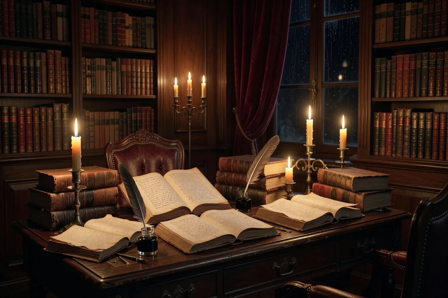 Portrait romantique inspiré de Victor Hugo devant des livres anciens et une plume